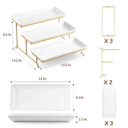 LYEOBOH 3 Tier Serving Stand and Platters Set Large Tiered Serving Platters with Collapsible Sturdier Rack 14 Inches Tiered Serving Tray for Appetizer Fruit, Dessert and Cupcake, White