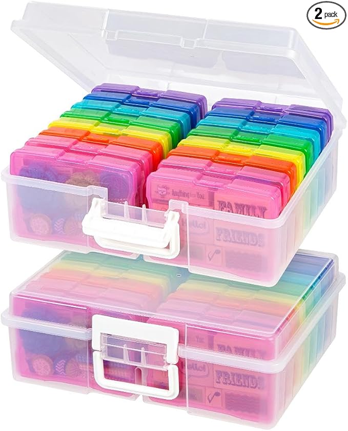IRIS USA 4" x 6" |Made in USA| 2-Pack Photo Organizers and Picture Storage Box with Handle, 16 Inner Cases/Containers for Tasks, Stickers, Ephemera, & Flashcards - Clear/Multi-Color