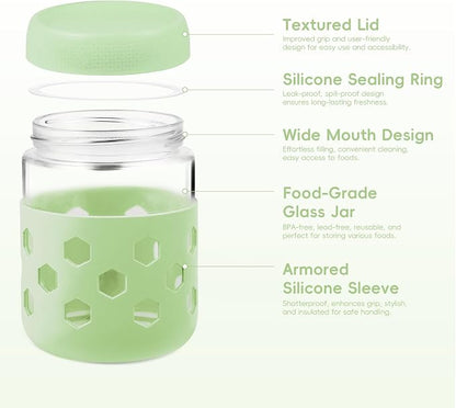 MICEBAY 16oz Overnight Oats Containers with Silicone Sleeves, 4-Pack Wide Mouth Glass Mason Salad Jars with Airtight Lids, BPA-Free Dishwasher Safe Leak-Proof Chia Seed Pudding Jar Meal Prep Container