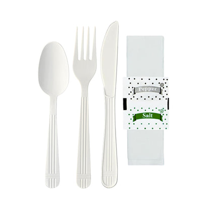Green Direct Heavy Duty Wrapped Plastic Cutlery Set with Napkin, Fork, Spoon, Knife, Salt, Pepper, White 50 Pack Plastic Cutlery Meal Kit for On-the-Go Meals, Picnics, and Events
