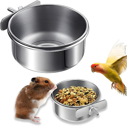 Parrot Feeding Cups Stainless Steel Bird Cage Feeder & Water Bowl - Chew-Proof Food Bowls with Clamp Holder for Parrot, Cockatiel, Conure, Budgie, Macaw, and Small Animals (L-1Pc)