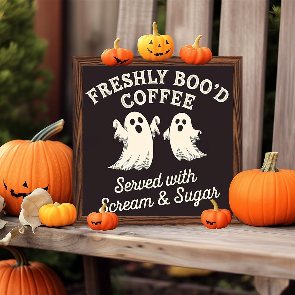 Spooky Halloween Theme Freshly Boo'd Coffee Wooden Sign, With Frame Coffee Bar Art Plaque Sign for Home Kitchen, Cafe, Bar, Garage Halloween Decor 7.87x7.87 Inch