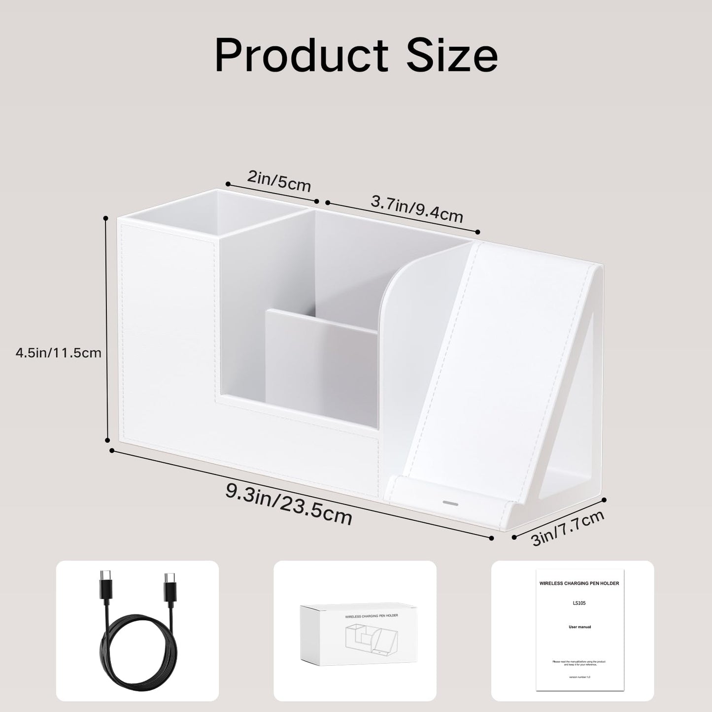 Multi-Functional Pencil Holder for Desk, Desk Organizers and Accessories with 4 Compartments for Office Art Supplies,Desk Phone Stand Charger for Desktop/Counter,Wihte Office Storage for Pens, Keys