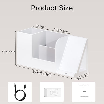 Multi-Functional Pencil Holder for Desk, Desk Organizers and Accessories with 4 Compartments for Office Art Supplies,Desk Phone Stand Charger for Desktop/Counter,Wihte Office Storage for Pens, Keys