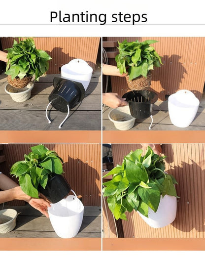 DODXIAOBEUL 2 Pack 7 Inch Visible Water Level Self Watering Planter,Hanging Planters,Wall Mounted Plants Holder,Small Flower pots Indoor Out Flowerpot with 3 Hooks Plastic Pots for Plants (White 7")