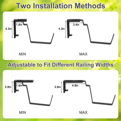 Railing Planter Box 2 Tier Window Boxes Planters Set of 2 with 4 Pack Flower Boxes 16.9 Inch Deck Railing Planter with Adjustable Brackets Black Balcony Fence Hanging Planters for Outdoor Porch Patio