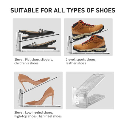 12 Pack Clear Shoe Slots Organizer - Adjustable Height 3.7''to 7.7'' Shoe stackers for a pair of shoes ,Shoe rack storage shoe space saver 50%,Easy to assemble shoe hold shoe organizer for cloest