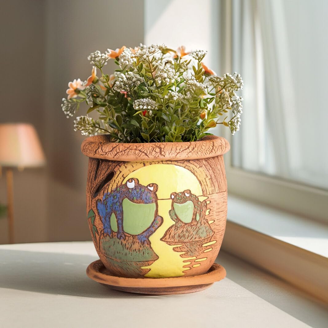 STP GOODS Ceramic Pot with Drainage Hole and Saucer, Plant Pots, Modern Decorative Planters for House Plants Indoor Flowers Plants, Cute Flower Pot - Gifts (Frogs (3 L))