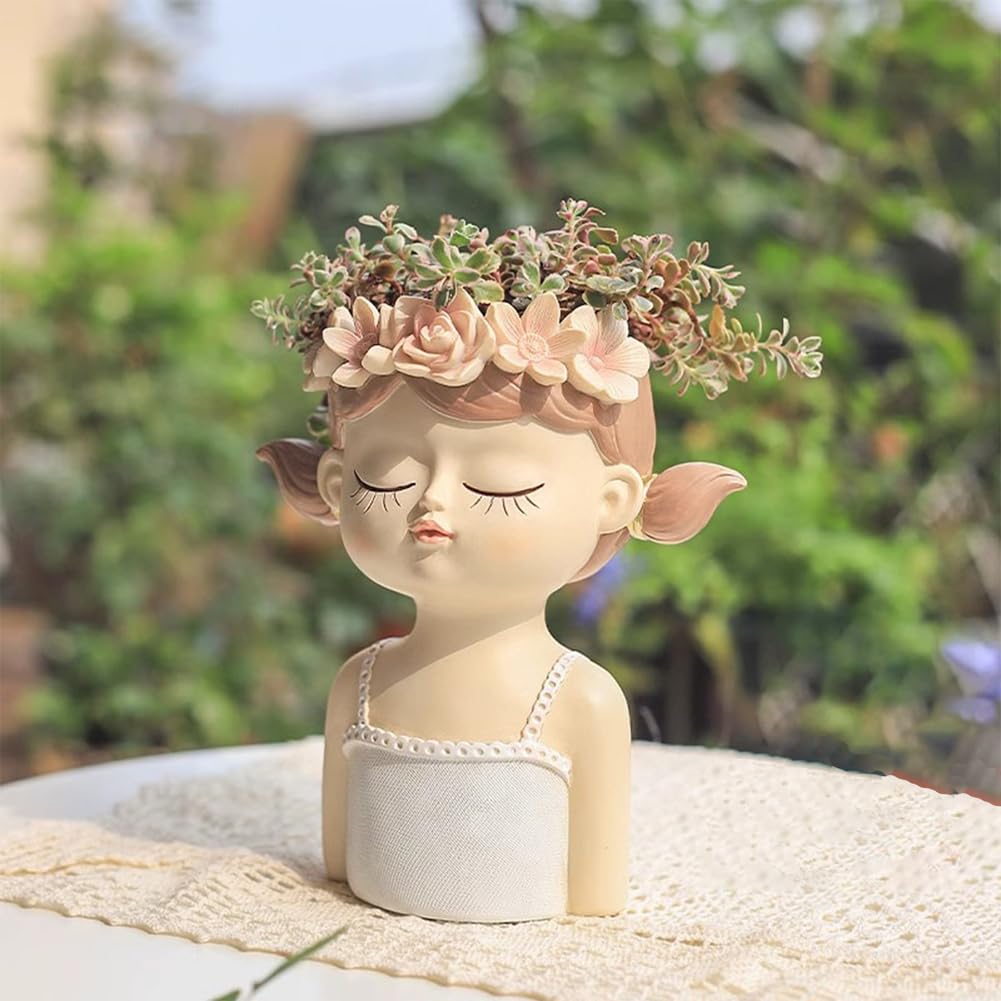 B,Resin Human Head Planter, Cute Girl Face Succulent Pots, Succulent Plant Pot for Indoor Outdoor Cacti Home Garden
