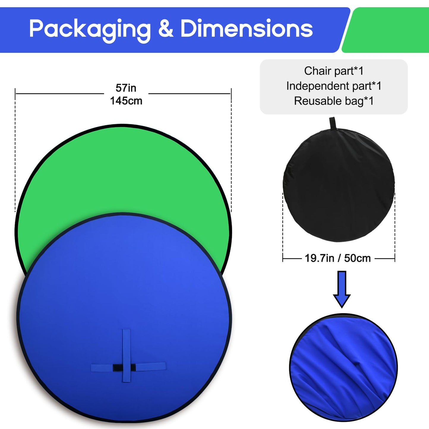 Portable Blue Green Screen Chair, 57 in Greenscreen Backdrop with Stand 2-in-1Double Sided Foldable Green Background, for Video Chats and Meetings, Photography, Photo Zoom, Streaming Games