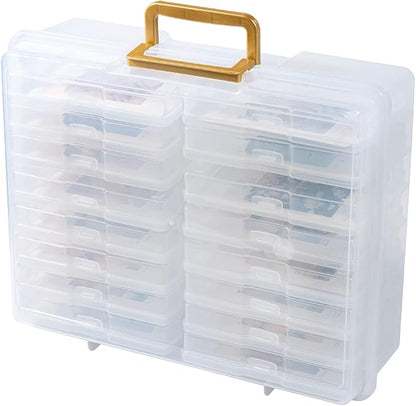 novelinks Transparent 4" x 6" Photo Organizers and Photo Storage Box with Handle, 16 Inner Photo Cases, Portable Picture Organizers & Photo Storage Containers (Clear-Gold Handle)