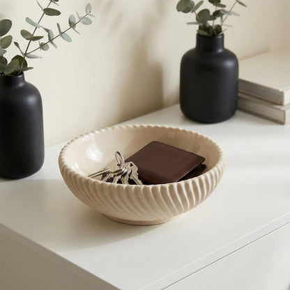LINYTHER Large Decorative Fruit Bowl for Kitchen Counter or Table, Key Holder Bowl for Entryway Table, Bread Candy Snack Organizer, Modern Farmhouse Centerpiece Decor, Beige/Ribbed