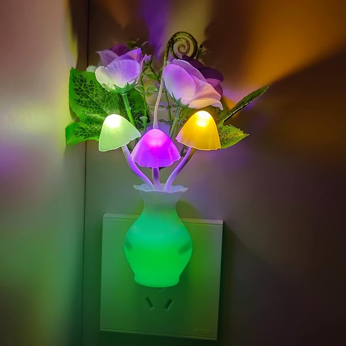 AUSAYE Color-Changing LED Night Light, 1Pack Plug in Dusk-to-Dawn,Home Décor Lamp Dream Nightlight Purple Rose Flower Mushroom Night Light for Kids Adults Bedroom,Bathroom,Stairs, Kitchen,Hallway