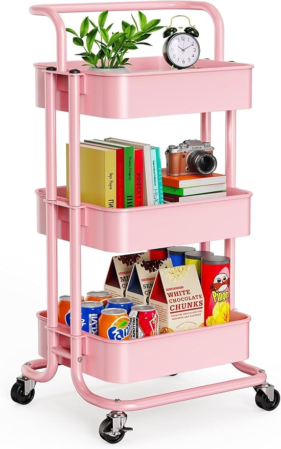 Pipishell 3 Tier Rolling Cart, Metal Utility Cart with Lockable Wheels and Handle, Rolling Storage Cart for Nursery Room, Living Room, Painting Room, Office and Kitchen, Pink