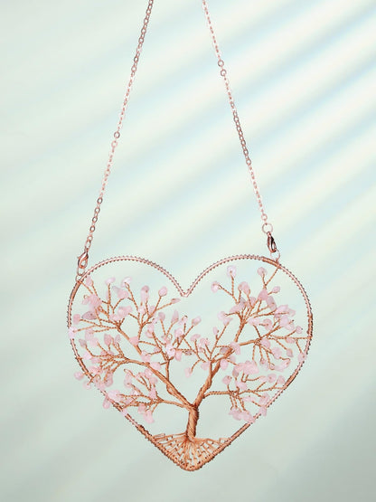 CrystalTears Rose Quartz Crystal Tree Life Heart Hanging Ornament for Home Wall Window Room Decor, Healing Crystals Gemstone Wall Hanger, Positive Crystal Gifts for Women Mom Birthday Christmas