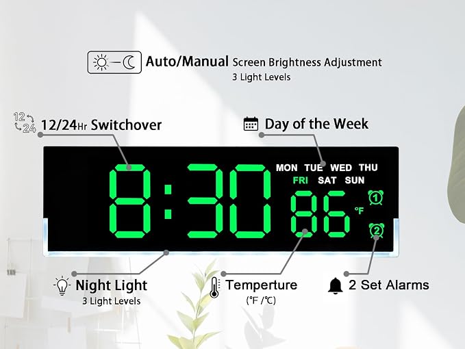 JENLYSTIME 7 Inch LED Digital Alarm Clock with Dual Alarms & Bottom Glow｜Displays Time, Date, Day, Temperature ｜3-Level Auto/Manual Brightness, DST, USB or Battery Powered Modern Desk Clock (Green)