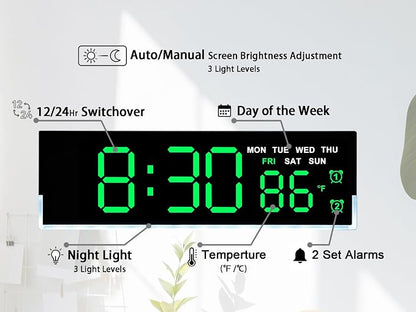JENLYSTIME 7 Inch LED Digital Alarm Clock with Dual Alarms & Bottom Glow｜Displays Time, Date, Day, Temperature ｜3-Level Auto/Manual Brightness, DST, USB or Battery Powered Modern Desk Clock (Green)