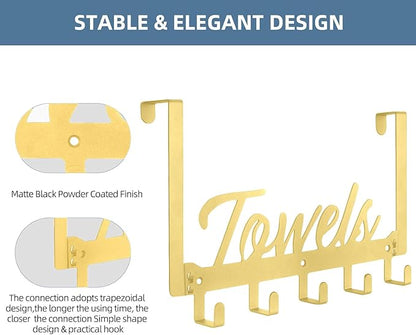 Azmoncy Over The Door Hooks - Heavy Duty Towel Rack with 5 Coat Hooks for Bedroom Kitchen, Gold Bathroom Decor