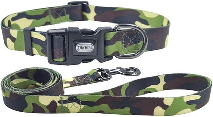 Dog Collar Leash Set, Camouflage Pattern, Polyester Material, Adjustable Collar and 5ft Matching Leash, for Medium Dogs.(M, Camo)