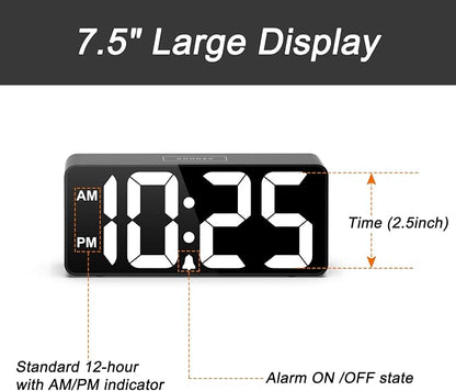 Welgo Senior Friendly Digital Alarm Clock, 7.5 Inches Large Display, Easy to Ues, Fully Range Brightness, Adjustable Volume, Convenient USB Charging Port for Bedside