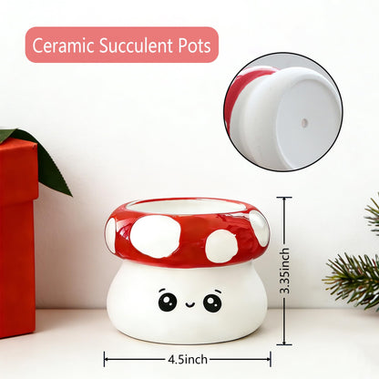 Ceramic Mushroom Planter Pot with Drainage - Funny Plant Pots for Indoor Plants, Succulents, Cactus, Pen Holder, Cute Succulent Pots for Office Desk Home Decor and Gardening Gifts, 4.5x3.35 Inch