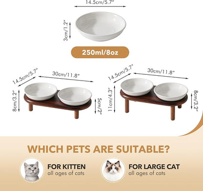 Havniva Elevated Cat Bowls Raised Ceramic Cat Bowl, 5.7” Wide Opening Cat Food Bowl Whisker Friendly Cat Dish Anti-Slip with Wood Stand, Shallow Pet Food & Water Bowl for Indoor Cats