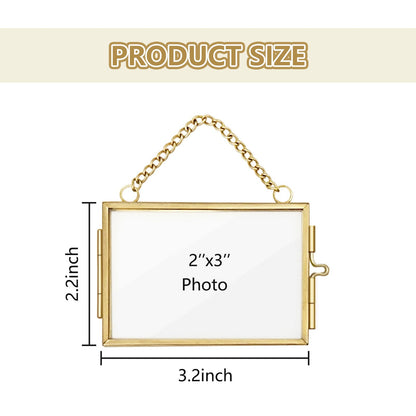 4Pcs Double Glass Frame for Pressed Flowers, 2x3 inch Picture Frame Mini Brass Wall Hanging Photo Floating Frame with Chain for Plant Specimen Artwork Display Home Wall Decor (Gold, Horizontal)