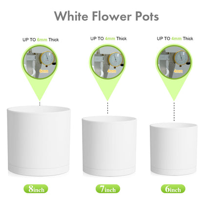 Meowell 8/7/6 inch Plant Pots, Set of 3 Cylinder Flower Pots for Outdoor Indoor Plants, Decorative Plastic Planters with Drainage Holes and Saucers for Garden House Plants, White