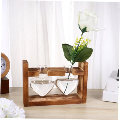 Ciieeo 2Pcs Heart Shaped Glass Hydroponics Planter with Retro Wooden Rack Temperature Resistant Vase for Flower Arrangement and Indoor Plant Propagation Decorative Terrarium for Home
