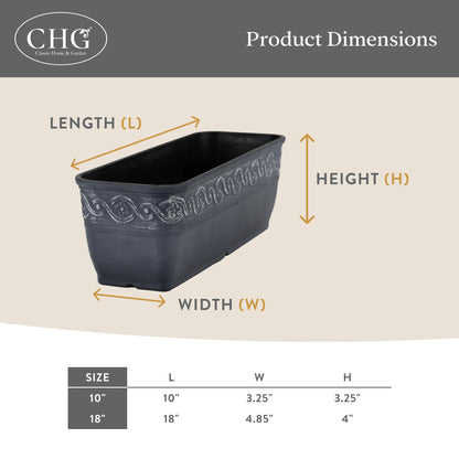 Classic Home and Garden Corinthian Resin Flower Pot Rectangle Planter, Concrete Grey, 18"