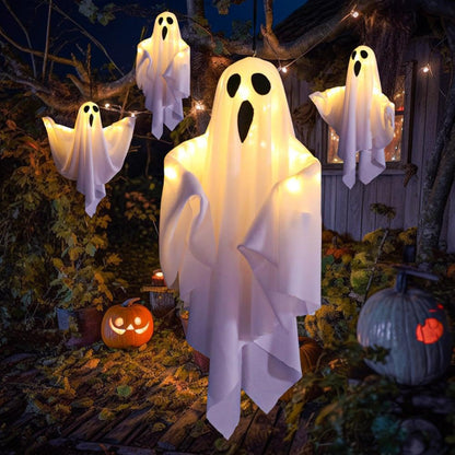 4Packs Halloween Ghost Decorations Halloween Hanging Ghosts with Light Strings String Lights Battery Operated Halloween Decor Spooky Ghost Ornaments for Home Tree Garden Yard (White)