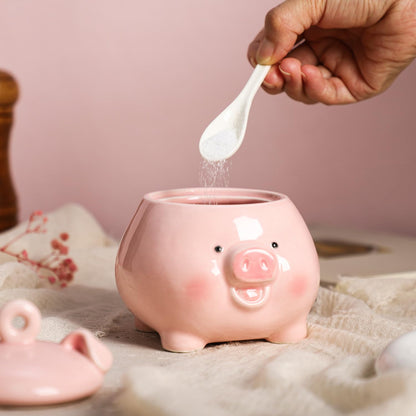 Sizikato Porcelain Condiment Pot with Lid and Spoon, Pink Pig Shape, 4.2 Inch