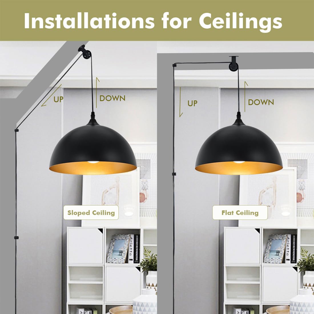 Pulley Wheel for Plug in Pendant Light, Wall Ceiling Mount Pulley for Hanging Lamp, 1 Pack Pulley Wheel and 4 Pack Swag Hooks for Hanging Electric Wire Cable Cord Chandelier Plant Grow Lights (Black)