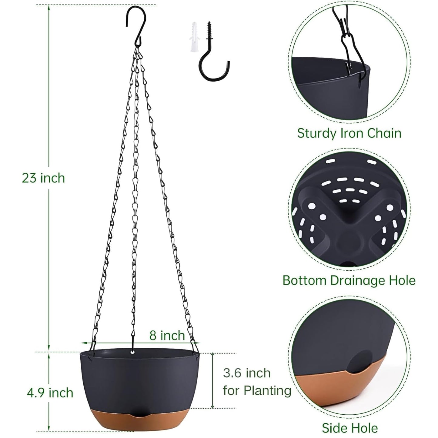 Kvetto Set of 2 Hanging Planters for Indoor Outdoor Plants, 8 Inch Self-Watering Hanging Flower Pots with Drainage Hole & Removable Water-Storage Tray (Hooks)