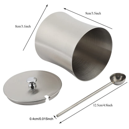 Acouto Salt Bowl with Lid and Spoon, Stainless Steel Sugar Bowl Salt Seasoning Condiment Pot Jar with Cover and Spoon