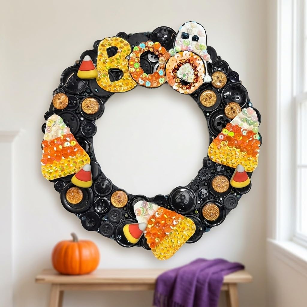 DIY Halloween Button Wreath Craft Kit with Buttons & Embellishments