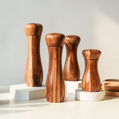 DeroTeno Pepper Mill, Pepper Grinder, Adjustable Ceramic Grinder for Both Pepper and Salt, Acacia Wood, Height 20.5 cm / 8 inch, Dia 6 cm(Tray is NOT Included)