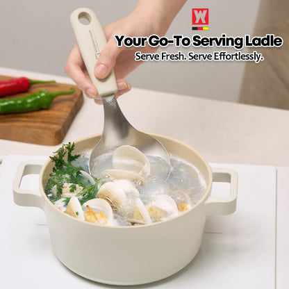 Short Stainless Steel Ladle 220mm (8.6”) – SUS304 Thick Deep Bowl Head with Soft-Grip Silicone Handle – Lightweight Mini Soup & Serving Spoon for Cooking – 5 Color Options (Ivory)