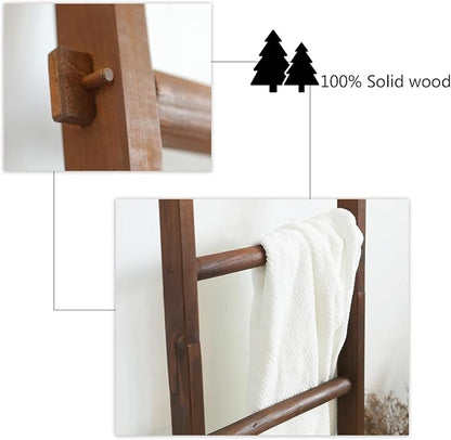 Wooden Blanket Ladder - Natural & Motley Wood - Leaning Wall Decor for Bedroom, Bathroom, Living Room - Rustic Quilt Holder & Towel Rack (Walnut Color, 76in（6-Tier）)