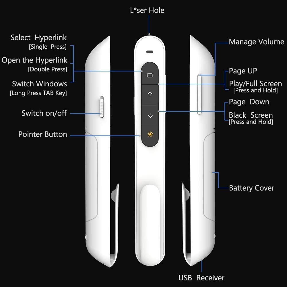 DinoFire White Wireless Presenter, Volume Control Presentation Clicker, RF 2.4GHz PowerPoint Clicker Presentation Remote Control Slide Clicker Advancer