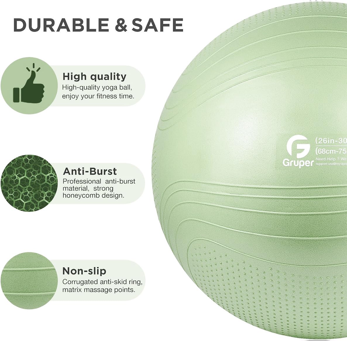 Gruper Yoga Ball, Multiple Sizes Non Slip Exercise Ball for Workout, Birthing, Balance, Stability, Pregnancy, 2200LB Capacity, Anti Burst Chair for Home and Office, Includes Quick Pump & Fitness Guide
