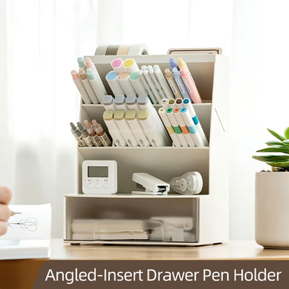 TNDCKP Large Plastic Pen holder with drawer and Vertical 6-Compartment, Dual-Purpose Art Supply Pencil Cup for Office, School, Home (WHITE)