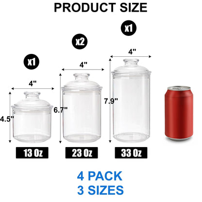 DEAYOU 4 Pack Clear Plastic Apothecary Jars, Plastic Storage Jar Canister with Airtight Lid, Cotton Ball Holder Bathroom, Candy Cookie Container Organizer for Bath Salt, Vanity, 33 Oz/23 Oz/13 Oz