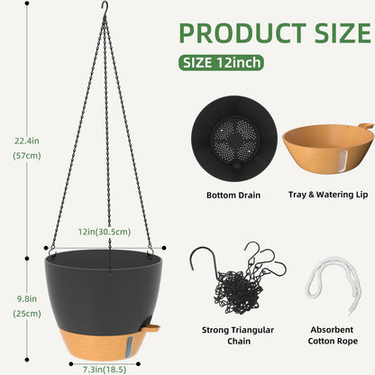 ZMTECH 12 Inch Large Self Watering Hanging Planters for Indoor Outdoor Plants - Water Level Indicator & Removable 60 Oz Reservoir, 1 Pack Plastic Hanging Basket for Window Porch Garden Balcony, Green