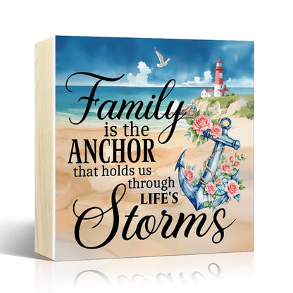 Sixrip Family Is The Anchor Wooden Box Sign, Funny Sea Anchor Home Desk Decor for Sailing Lover Dad Mom, Ocean Family Inspirational Wooden Box Sign Plaque For Shelf Bathroom Table Indoor