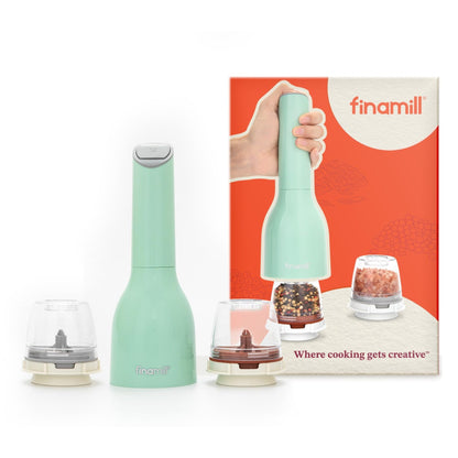 FinaMill Classic Battery Spice Mill – Battery Operated Salt and Pepper Grinder Set, Includes 2 Interchangeable Spice Pods, Adjustable Coarseness, LED Light, Home and Kitchen Gift Set for Father's Day