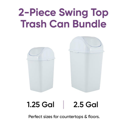 Superio Mini 1.25 Gallon and Small 2.5 Gallon Plastic Trash Cans with Swing Top Lid, Grey Waste Bin for Countertop, Desk, Vanity, Bathroom, 2 Pack (White)