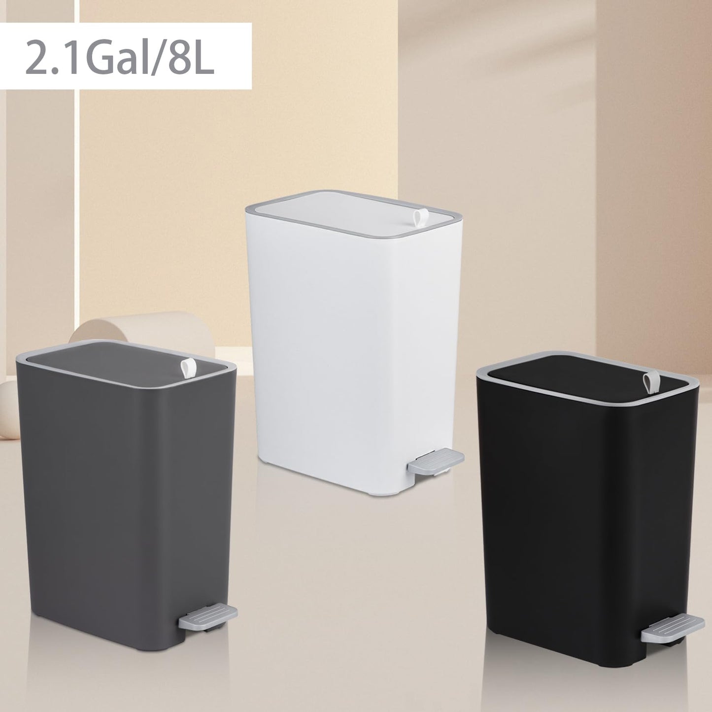 rejomiik Small Bathroom Trash Can with Lid, 2.1 Gallon Step Garbage Can with Handle, Slim Mini Wastebasket Bin for Bedroom, Office, Dorm, White