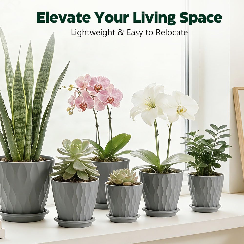 KEETUMOOD Plant Pots, Self Watering Planters with Drainage Holes and Trays, Flower Pots for Indoor Outdoor - 6 Pack(4/5/6/6.5/7/8 Inch) (Gray)