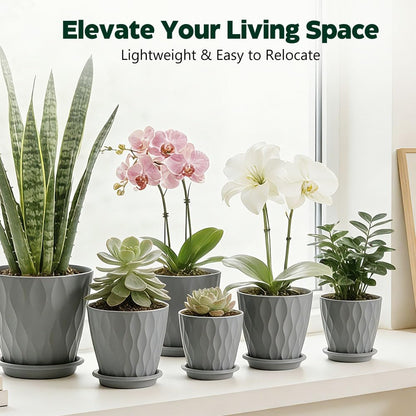KEETUMOOD Plant Pots, Self Watering Planters with Drainage Holes and Trays, Flower Pots for Indoor Outdoor - 6 Pack(4/5/6/6.5/7/8 Inch) (Gray)